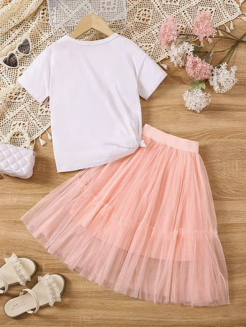 Girls' Summer Dress Set: Two-Piece Mesh Skirt for Medium and Large Kids
