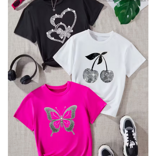 3Pcs Girls Heart Butterfly Round Neck Short Sleeve