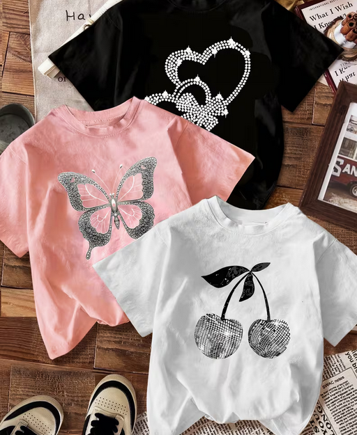 3Pcs Girls Heart Butterfly Round Neck Short Sleeve