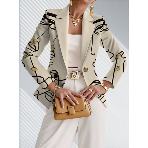 Elegant Beige Blazer with Black Floral Print