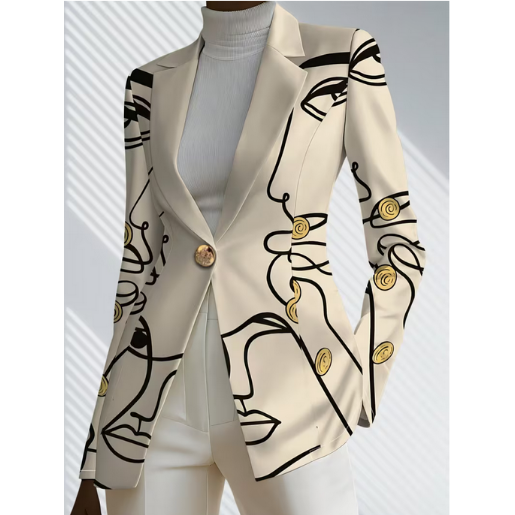 Elegant Beige Blazer with Black Floral Print