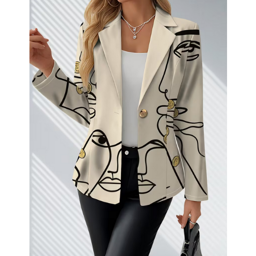 Elegant Beige Blazer with Black Floral Print