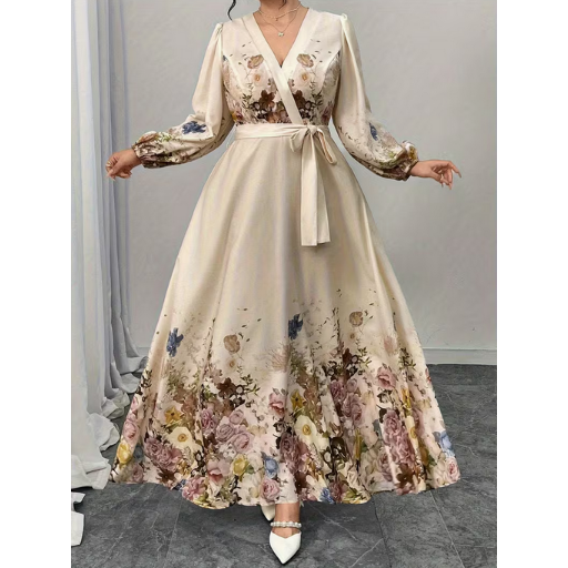 Plus Size Elegant V-Neck Long Sleeve Floral Dress