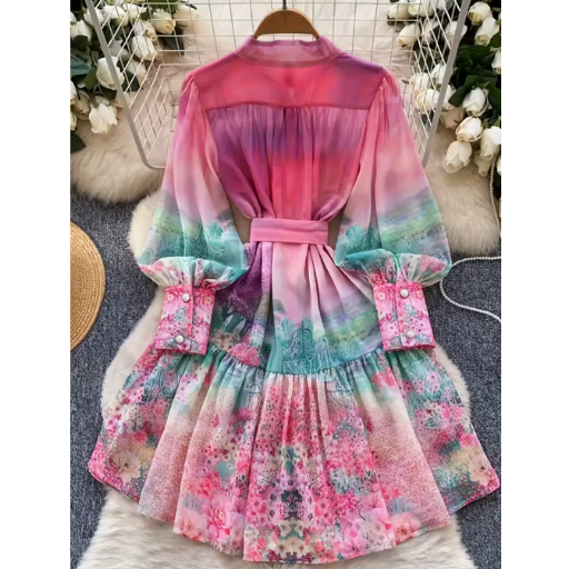 Elegant Long-Sleeve Printed Dress