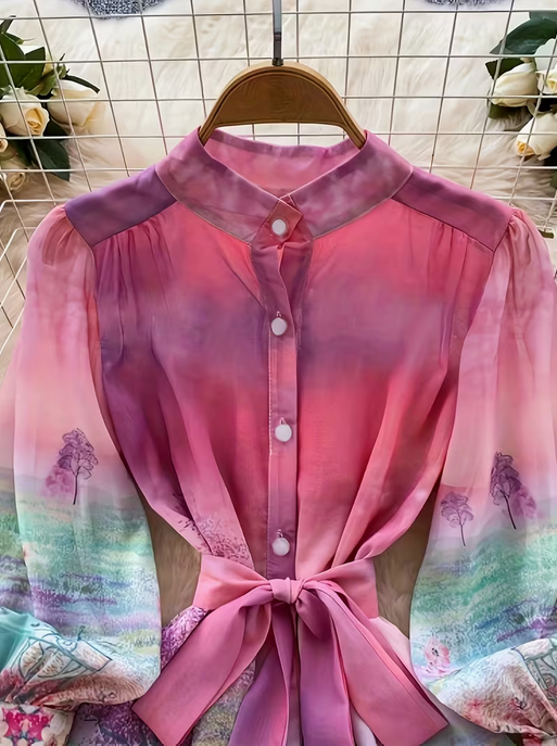 Elegant Long-Sleeve Printed Dress