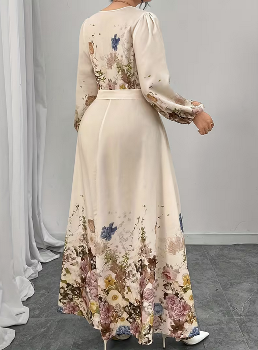 Plus Size Elegant V-Neck Long Sleeve Floral Dress