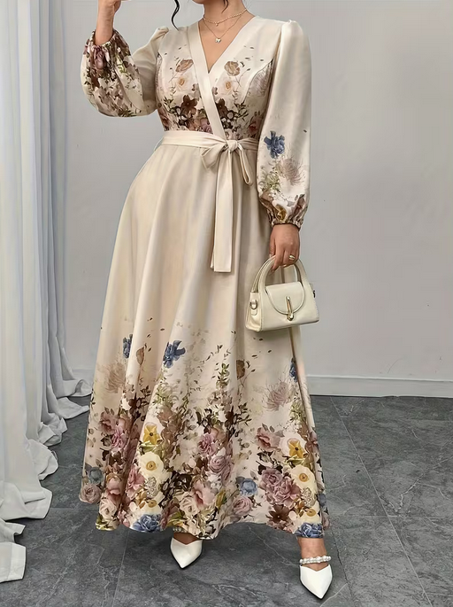 Plus Size Elegant V-Neck Long Sleeve Floral Dress