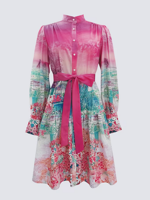 Elegant Long-Sleeve Printed Dress