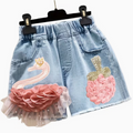 Embroidered Swan Denim Shorts for Girls