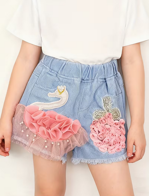 Embroidered Swan Denim Shorts for Girls