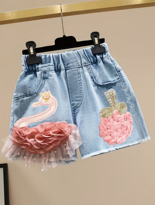 Embroidered Swan Denim Shorts for Girls