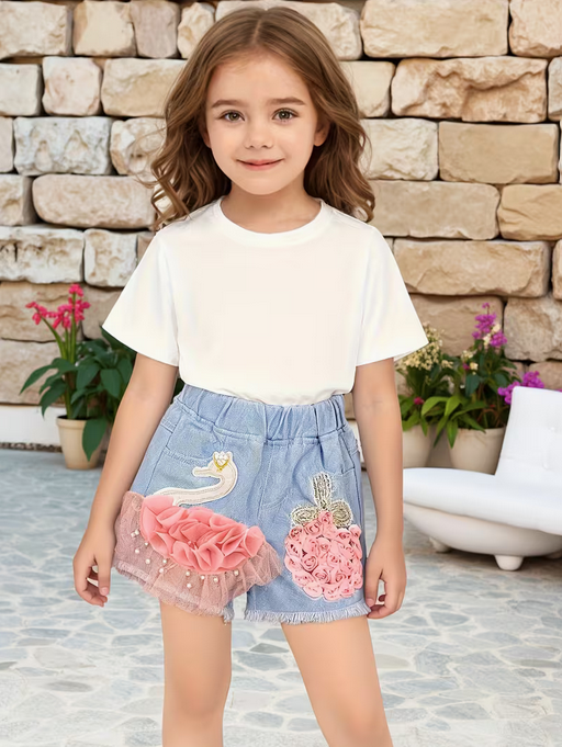 Embroidered Swan Denim Shorts for Girls