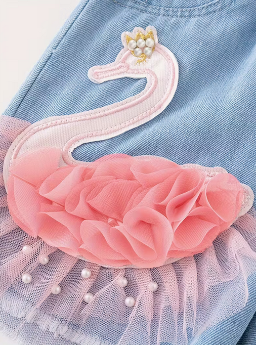 Embroidered Swan Denim Shorts for Girls