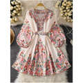 Floral Bohemian V-Neck Dress with Long Lantern Sleeves & Adjustable Belt