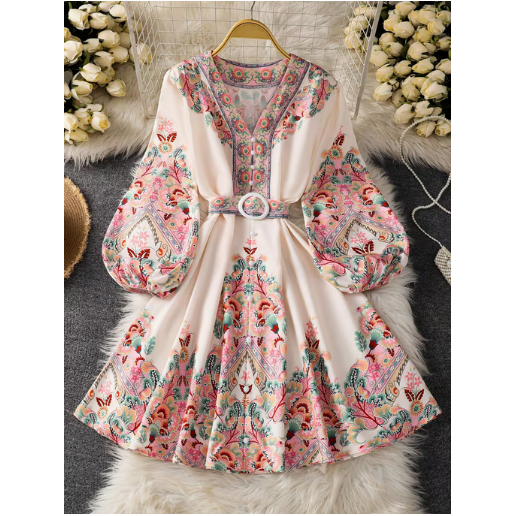 Floral Bohemian V-Neck Dress with Long Lantern Sleeves & Adjustable Belt