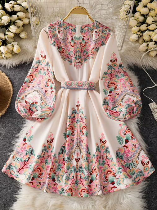 Floral Bohemian V-Neck Dress with Long Lantern Sleeves & Adjustable Belt