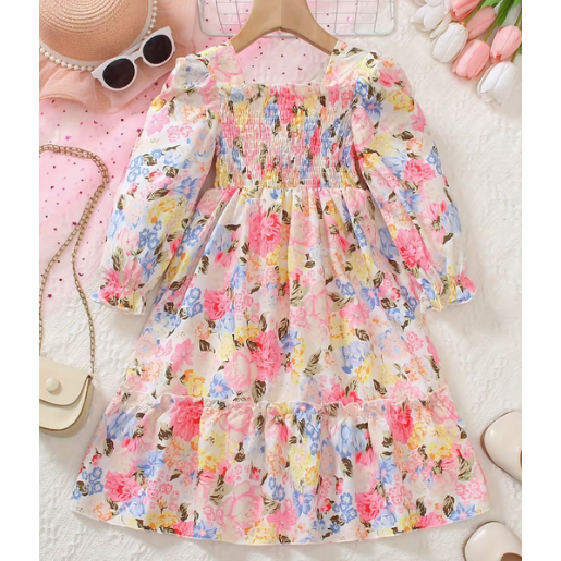 Girls' Fashion Casual Colorful Flower Print Patchwork Long Sleeve Dress
