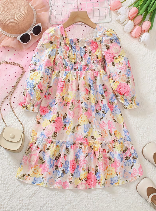 Girls' Fashion Casual Colorful Flower Print Patchwork Long Sleeve Dress