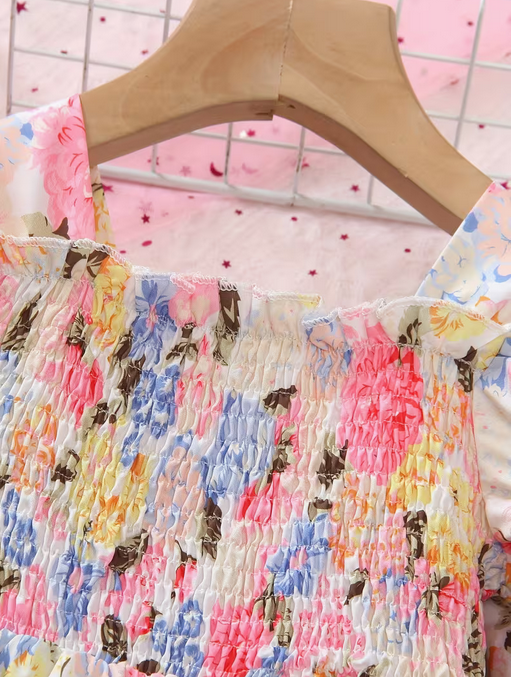 Girls' Fashion Casual Colorful Flower Print Patchwork Long Sleeve Dress