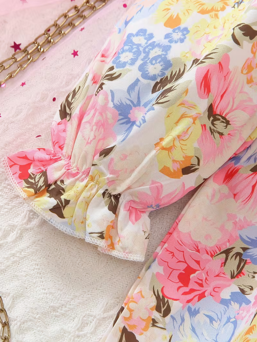 Girls' Fashion Casual Colorful Flower Print Patchwork Long Sleeve Dress
