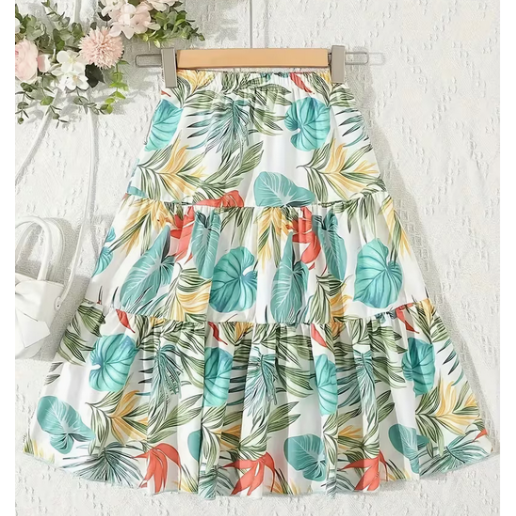 Girls' High-Waist Tropical Sunflower Ruffle Skirt