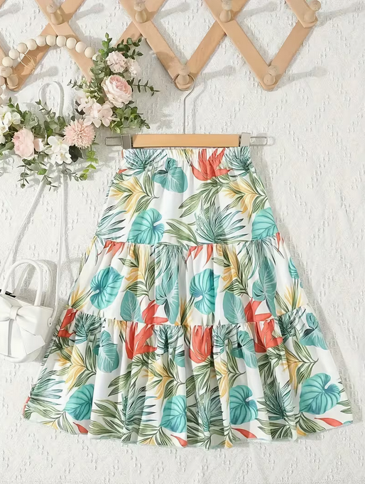 Girls' High-Waist Tropical Sunflower Ruffle Skirt
