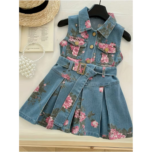 Girls' Denim Sleeveless Dress with Belt