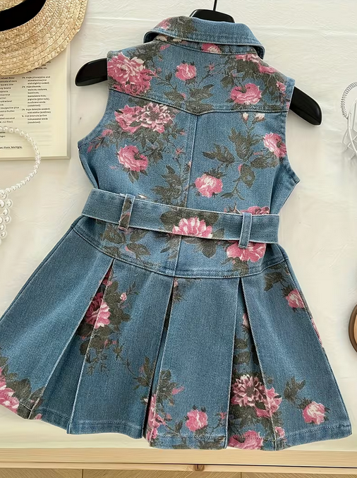 Girls' Denim Sleeveless Dress with Belt