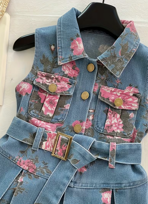 Girls' Denim Sleeveless Dress with Belt