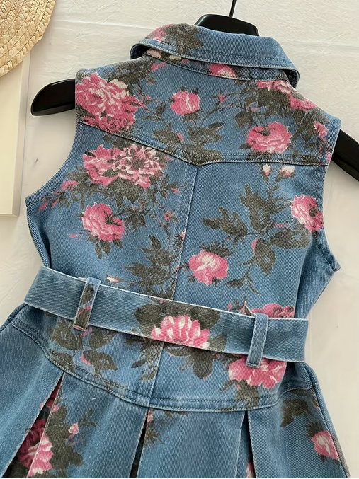 Girls' Denim Sleeveless Dress with Belt