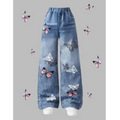Girls Faux Denim Print Butterfly Print Wide Leg Pants