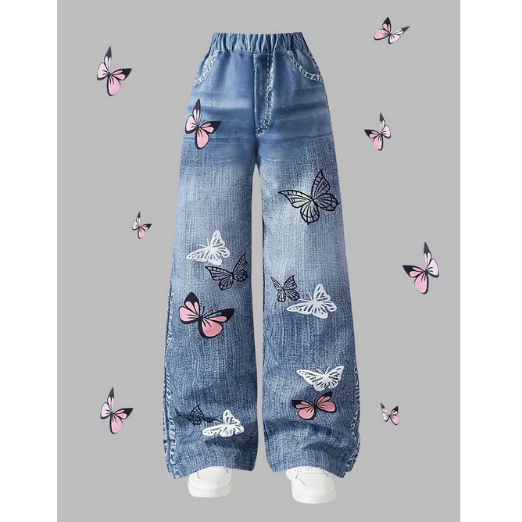 Girls Faux Denim Print Butterfly Print Wide Leg Pants
