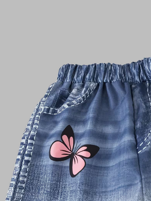 Girls Faux Denim Print Butterfly Print Wide Leg Pants