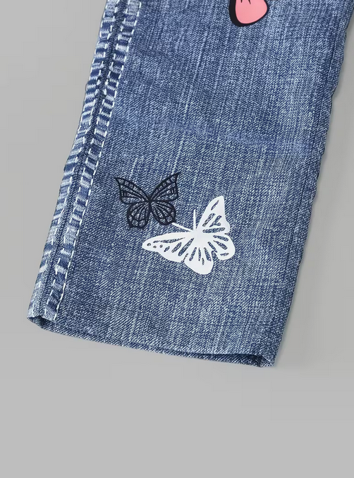 Girls Faux Denim Print Butterfly Print Wide Leg Pants