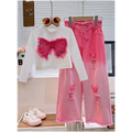 Girls' Two-Piece Set Long Sleeve Patchwork Bow Pearl Denim Pants