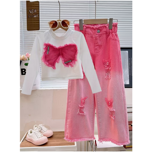 Girls' Two-Piece Set Long Sleeve Patchwork Bow Pearl Denim Pants