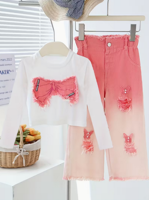 Girls' Two-Piece Set Long Sleeve Patchwork Bow Pearl Denim Pants