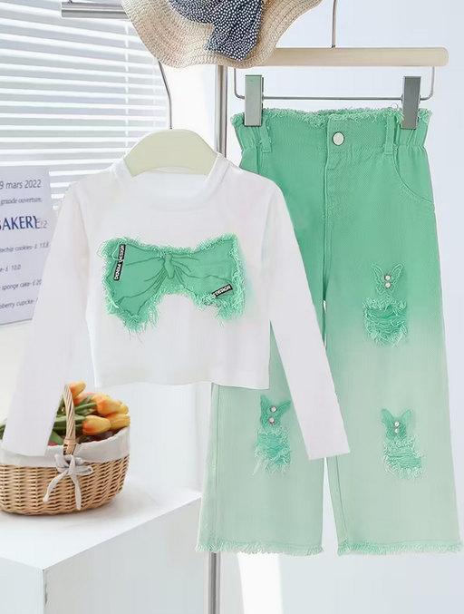 Girls' Two-Piece Set Long Sleeve Patchwork Bow Pearl Denim Pants