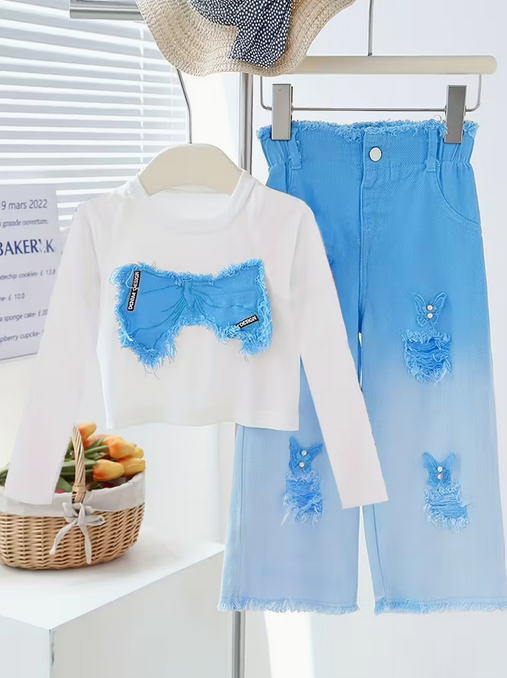 Girls' Two-Piece Set Long Sleeve Patchwork Bow Pearl Denim Pants