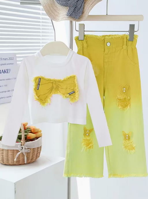 Girls' Two-Piece Set Long Sleeve Patchwork Bow Pearl Denim Pants