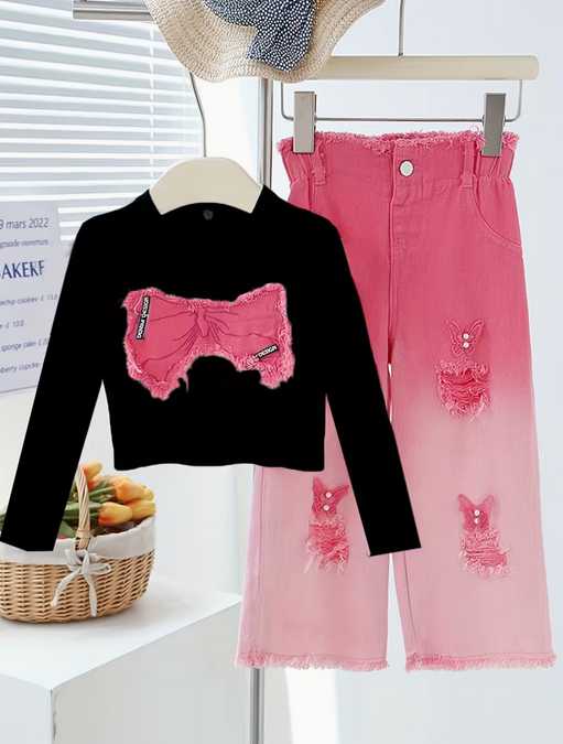 Girls' Two-Piece Set Long Sleeve Patchwork Bow Pearl Denim Pants