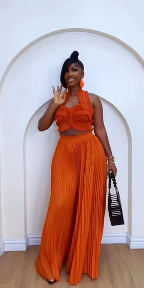 Ladies Stylish TwoPiece Solid Color Miyake Pleate Suit - W0002