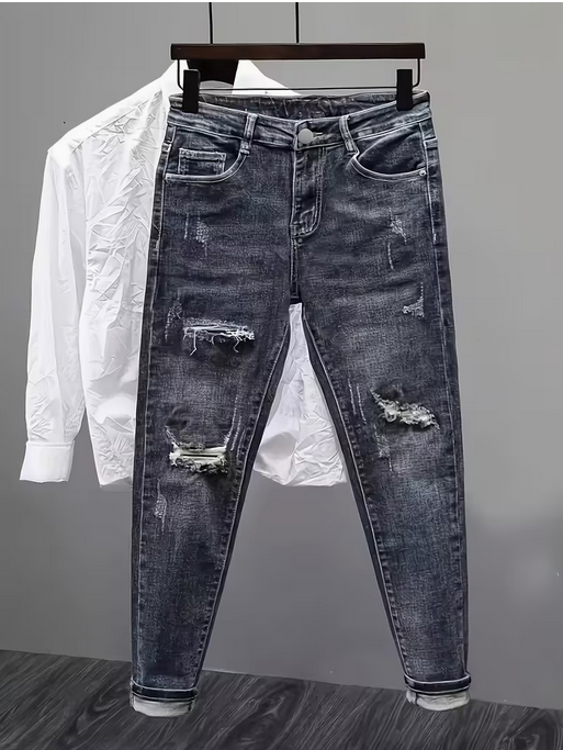 Men's Heavyweight Washed Slim Fit Ripped Jeans