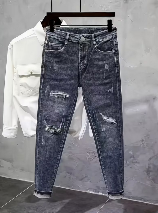 Men's Heavyweight Washed Slim Fit Ripped Jeans