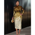 Women's Elegant Long Sleeve Dress with Shimmering Golden Pattern