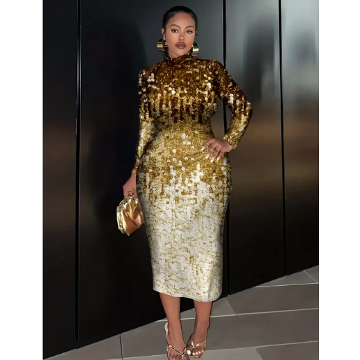 Women's Elegant Long Sleeve Dress with Shimmering Golden Pattern