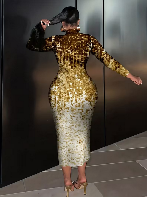 Women's Elegant Long Sleeve Dress with Shimmering Golden Pattern